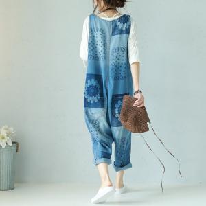 Large Size V-Neck Printing Casual Jumpsuits Cotton Ripped Dungarees