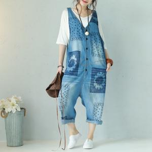 Large Size V-Neck Printing Casual Jumpsuits Cotton Ripped Dungarees