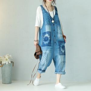 Large Size V-Neck Printing Casual Jumpsuits Cotton Ripped Dungarees