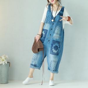 Large Size V-Neck Printing Casual Jumpsuits Cotton Ripped Dungarees
