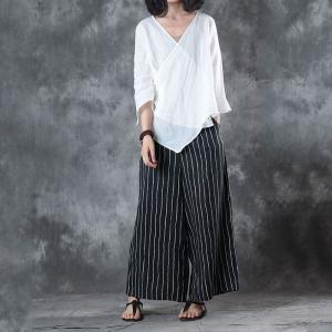 Simple Design Lace Up White Kimono Plain Linen Ladies Shirt