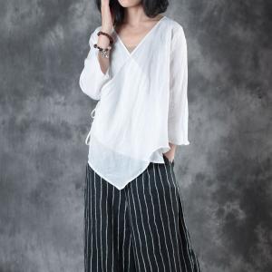 Simple Design Lace Up White Kimono Plain Linen Ladies Shirt