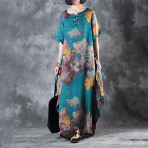 Retro Flowers Blue Fit and Flare Dress Beautiful Kaftan Dress