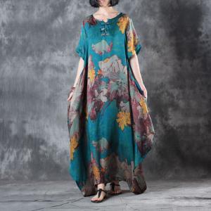 Retro Flowers Blue Fit and Flare Dress Beautiful Kaftan Dress