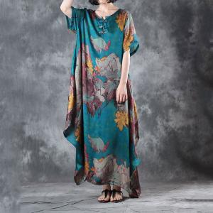 Retro Flowers Blue Fit and Flare Dress Beautiful Kaftan Dress