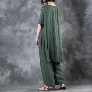 Irregular Vertical Striped Pullovers with Silky Green Baggy Pants