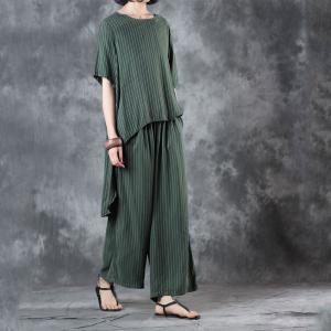 Irregular Vertical Striped Pullovers with Silky Green Baggy Pants
