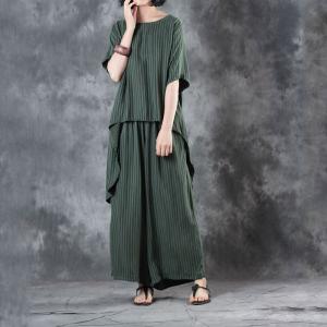 Irregular Vertical Striped Pullovers with Silky Green Baggy Pants