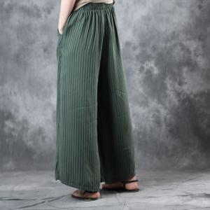 Irregular Vertical Striped Pullovers with Silky Green Baggy Pants