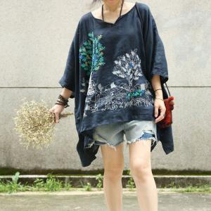 Japanese Style Embroidered Cloak Bat Sleeve Plus Size Tunic