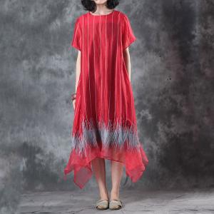 Vertical Striped Red Flare Dress Summer Embroidered Dress