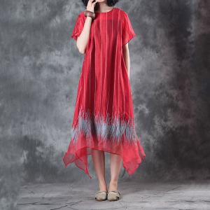 Vertical Striped Red Flare Dress Summer Embroidered Dress