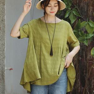 Simple Design Loose Cotton Linen T-shirt Green Casual Tee