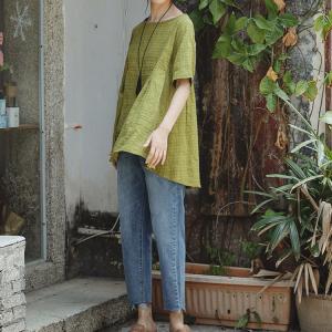 Simple Design Loose Cotton Linen T-shirt Green Casual Tee