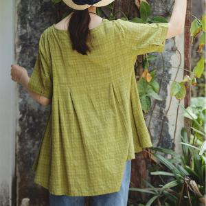Simple Design Loose Cotton Linen T-shirt Green Casual Tee
