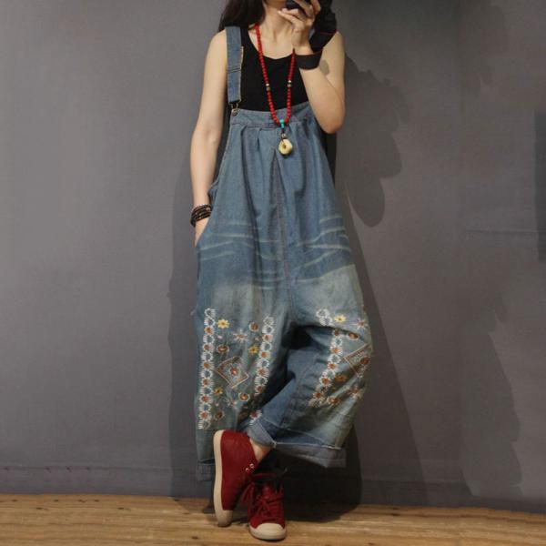 Soft Denim Floral Embroidered Jumpsuits Summer Wide Leg Jeans Jumpsuits