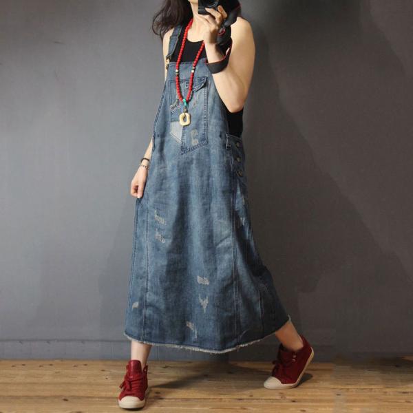 Street Style Patch Pocket Ripped Jean Dress Denim Oversized Jumper Dress