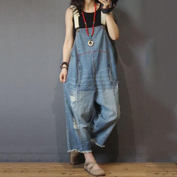 Unique Design Distressed Denim Overalls Plus Size Fashion Jean Rompers