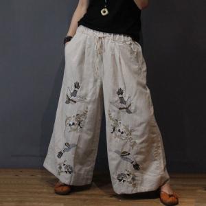 Beautiful Birds Embroidered Pants Cotton Linen Wide Leg Trousers