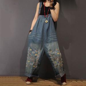 Soft Denim Floral Embroidered Jumpsuits Summer Wide Leg Jeans Jumpsuits