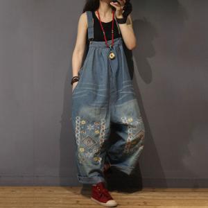 Soft Denim Floral Embroidered Jumpsuits Summer Wide Leg Jeans Jumpsuits