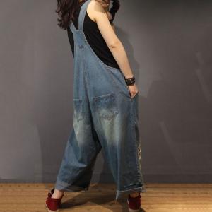 Soft Denim Floral Embroidered Jumpsuits Summer Wide Leg Jeans Jumpsuits