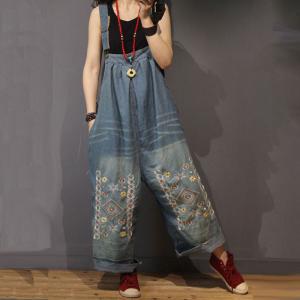 Soft Denim Floral Embroidered Jumpsuits Summer Wide Leg Jeans Jumpsuits