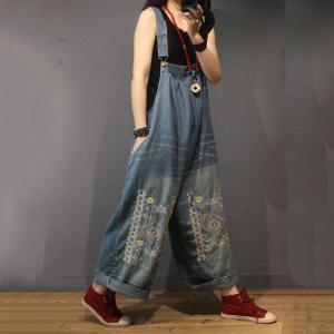 Soft Denim Floral Embroidered Jumpsuits Summer Wide Leg Jeans Jumpsuits