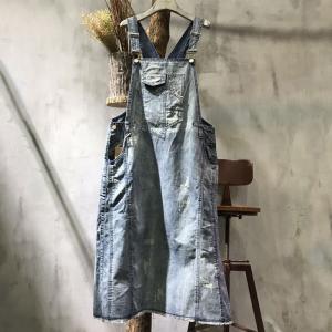 Street Style Patch Pocket Ripped Jean Dress Denim Oversized Jumper Dress