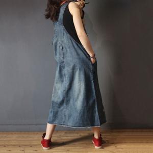 Street Style Patch Pocket Ripped Jean Dress Denim Oversized Jumper Dress