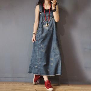 Street Style Patch Pocket Ripped Jean Dress Denim Oversized Jumper Dress