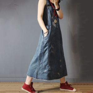 Street Style Patch Pocket Ripped Jean Dress Denim Oversized Jumper Dress