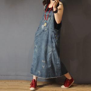 Street Style Patch Pocket Ripped Jean Dress Denim Oversized Jumper Dress