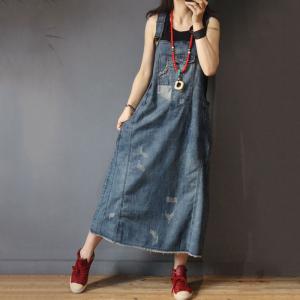 Street Style Patch Pocket Ripped Jean Dress Denim Oversized Jumper Dress