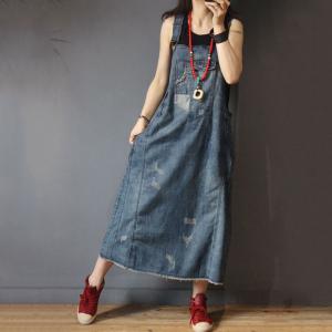 Street Style Patch Pocket Ripped Jean Dress Denim Oversized Jumper Dress