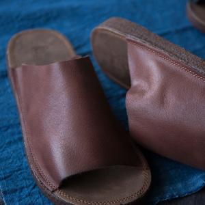 Simple Design Cowhide Leather Flats Plain Womans Slippers