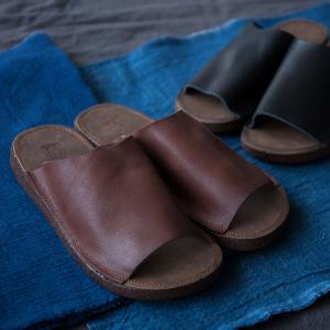 Simple Design Cowhide Leather Flats Plain Womans Slippers