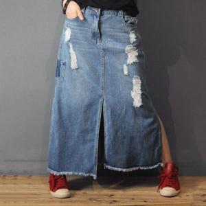 Raw Hem Big Slits Ripped Jeans Skirt Womans Fashion Maxi Skirt