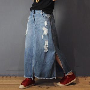 Raw Hem Big Slits Ripped Jeans Skirt Womans Fashion Maxi Skirt