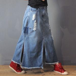 Raw Hem Big Slits Ripped Jeans Skirt Womans Fashion Maxi Skirt