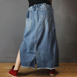 Raw Hem Big Slits Ripped Jeans Skirt Womans Fashion Maxi Skirt