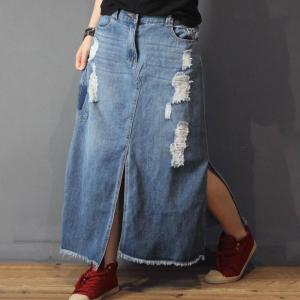Raw Hem Big Slits Ripped Jeans Skirt Womans Fashion Maxi Skirt