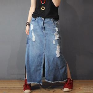 Raw Hem Big Slits Ripped Jeans Skirt Womans Fashion Maxi Skirt