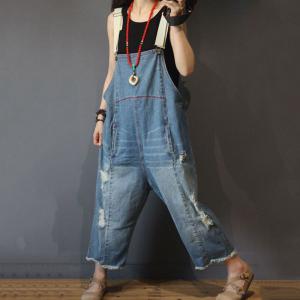 Unique Design Distressed Denim Overalls Plus Size Fashion Jean Rompers