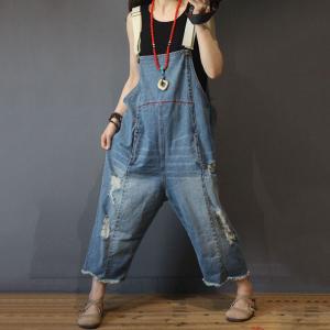 Unique Design Distressed Denim Overalls Plus Size Fashion Jean Rompers