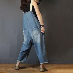 Unique Design Distressed Denim Overalls Plus Size Fashion Jean Rompers