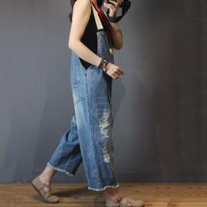 Unique Design Distressed Denim Overalls Plus Size Fashion Jean Rompers