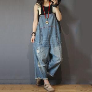 Unique Design Distressed Denim Overalls Plus Size Fashion Jean Rompers