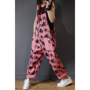 Trees Pattern Straight Pockets Cotton Overalls Womans Pink Jumpsuits