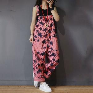 Trees Pattern Straight Pockets Cotton Overalls Womans Pink Jumpsuits